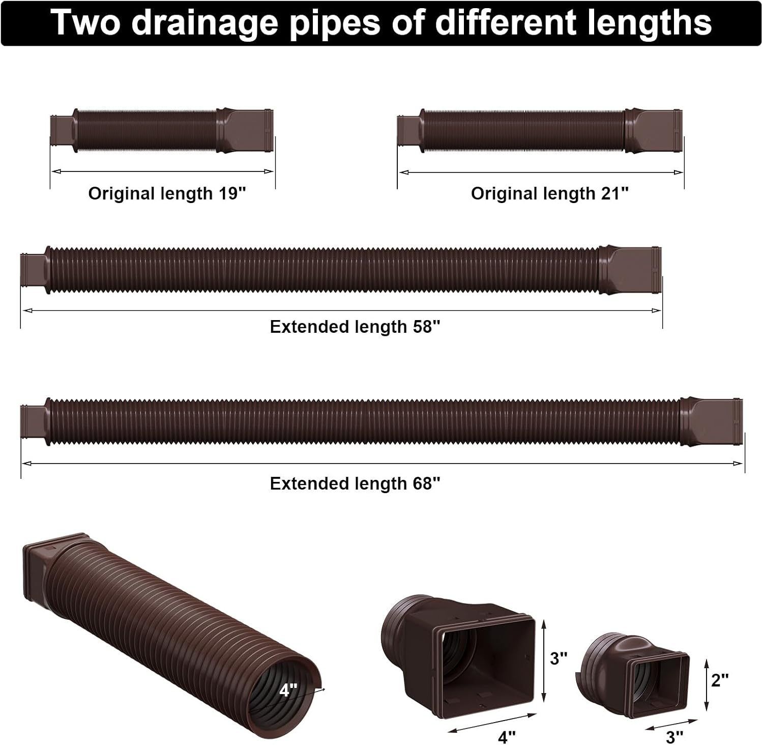 1 Pack Rain Gutter Downspout Extensions, Flexible Downspout Extender with 58 68 Extendable Pipes for Rain Water Drainage, Durable Down Spout Drain Extension with Connector (Brown)